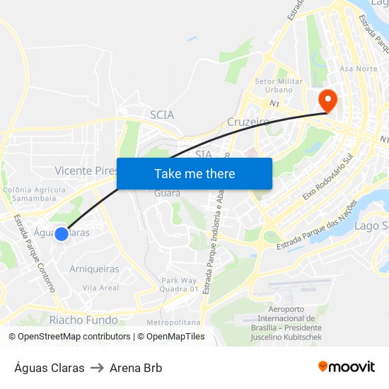 Águas Claras to Arena Brb map