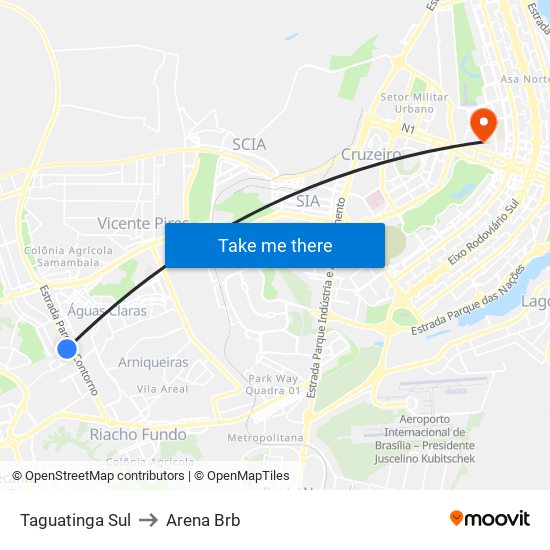 Taguatinga Sul to Arena Brb map
