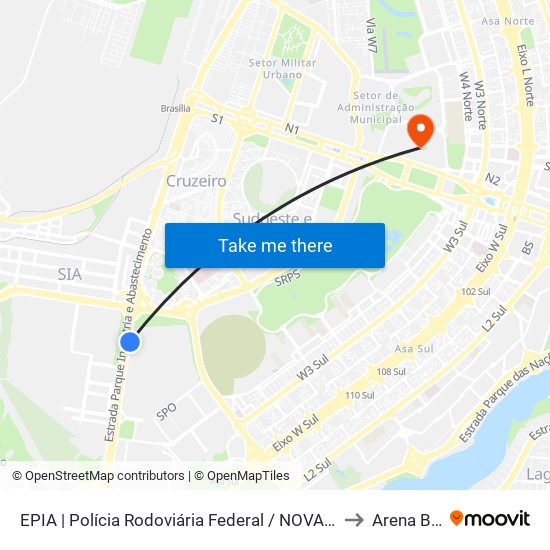 EPIA | Polícia Rodoviária Federal / NOVACAP to Arena Brb map