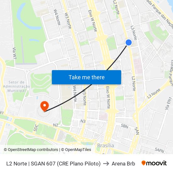 L2 Norte | SGAN 607 (CRE Plano Piloto) to Arena Brb map