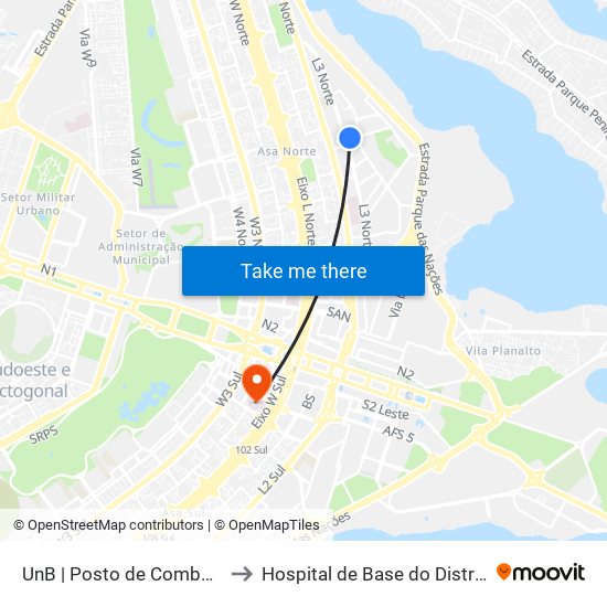 UnB | Posto de Combustíveis / Subway to Hospital de Base do Distrito Federal (HBDF) map