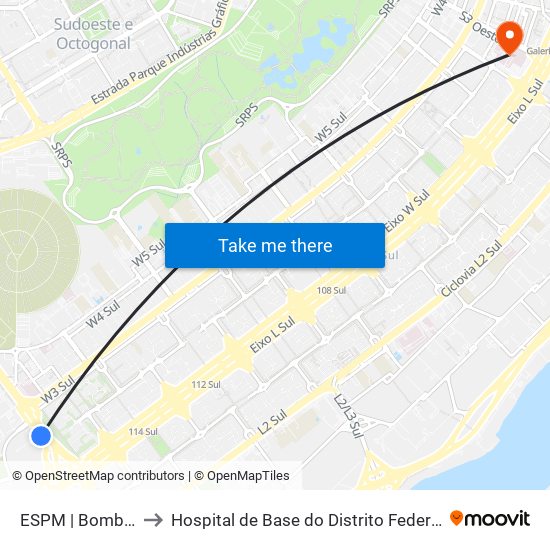 ESPM | Bombeiros to Hospital de Base do Distrito Federal (HBDF) map