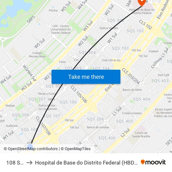 108 Sul to Hospital de Base do Distrito Federal (HBDF) map