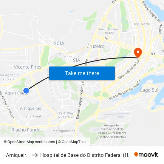 Arniqueiras to Hospital de Base do Distrito Federal (HBDF) map