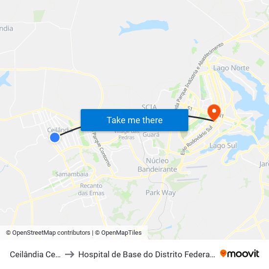 Ceilândia Centro to Hospital de Base do Distrito Federal (HBDF) map