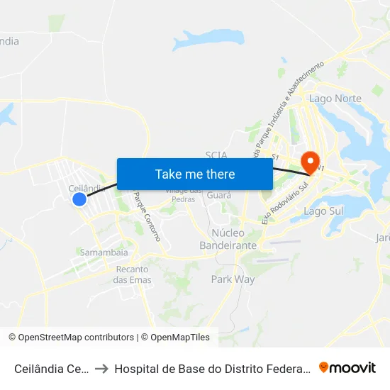 Ceilândia Centro to Hospital de Base do Distrito Federal (HBDF) map