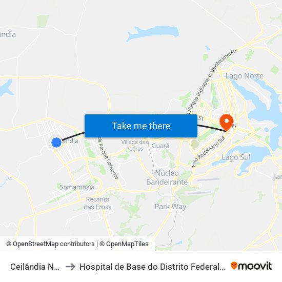 Ceilândia Norte to Hospital de Base do Distrito Federal (HBDF) map