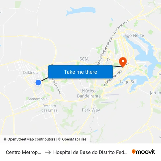 Centro Metropolitano to Hospital de Base do Distrito Federal (HBDF) map