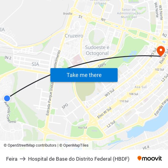 Feira to Hospital de Base do Distrito Federal (HBDF) map