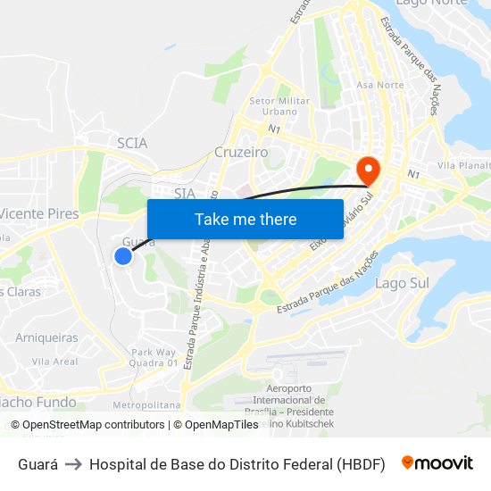 Guará to Hospital de Base do Distrito Federal (HBDF) map