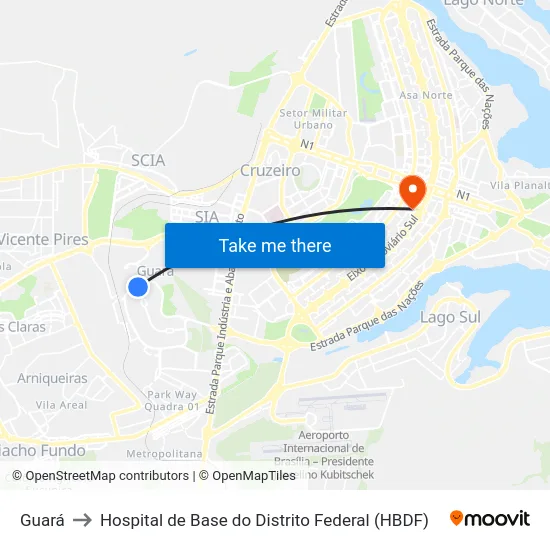 Guará to Hospital de Base do Distrito Federal (HBDF) map