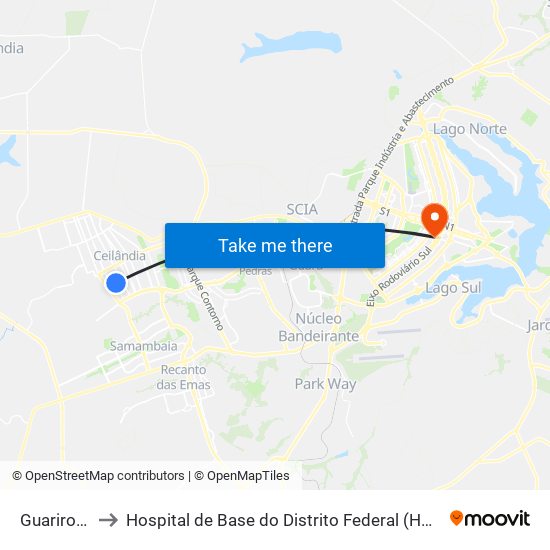 Guariroba to Hospital de Base do Distrito Federal (HBDF) map