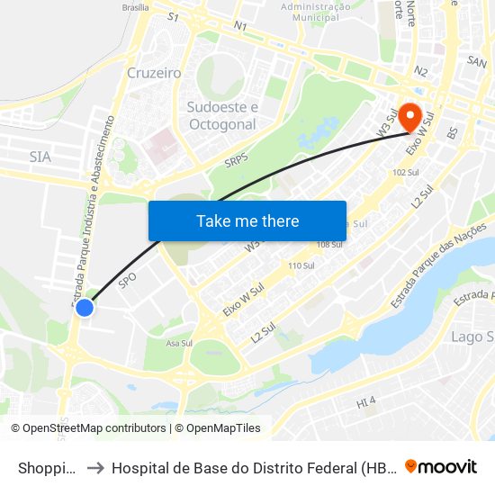 Shopping to Hospital de Base do Distrito Federal (HBDF) map