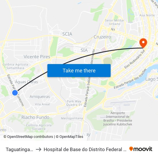 Taguatinga Sul to Hospital de Base do Distrito Federal (HBDF) map