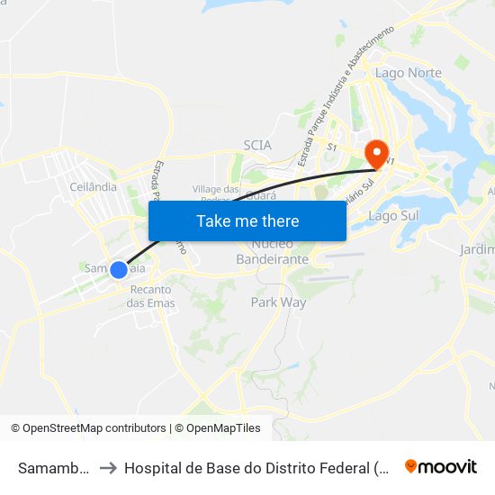 Samambaia to Hospital de Base do Distrito Federal (HBDF) map