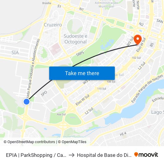 EPIA | ParkShopping / Carrefour (SEMIURBANO) to Hospital de Base do Distrito Federal (HBDF) map