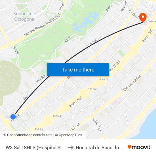 W3 Sul | SHLS (Hospital Santa Lúcia / Pão de Açúcar) to Hospital de Base do Distrito Federal (HBDF) map
