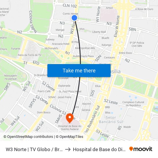 W3 Norte | TV Globo / Brasília Shopping / SHN to Hospital de Base do Distrito Federal (HBDF) map