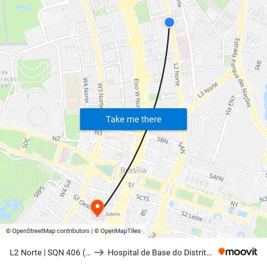 L2 Norte | SQN 406 (UnB / CEAN) to Hospital de Base do Distrito Federal (HBDF) map