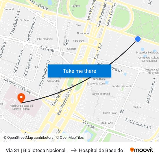 Via S1 | Biblioteca Nacional / Museu Nacional / SESI LAB to Hospital de Base do Distrito Federal (HBDF) map