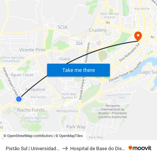 Pistão Sul | Universidade Católica / Estácio to Hospital de Base do Distrito Federal (HBDF) map