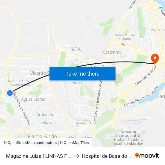 Magazine Luiza | LINHAS P/ CEILÂNDIA / SEMIURBANO to Hospital de Base do Distrito Federal (HBDF) map