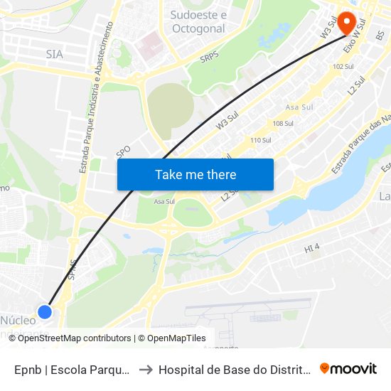 Epnb | Escola Parque Da Natureza to Hospital de Base do Distrito Federal (HBDF) map