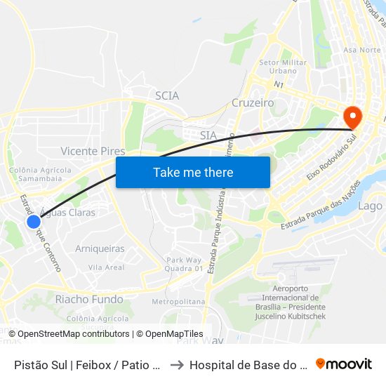 Pistão Sul | Feibox / Patio Capital / Assaí / Leroy Merlin to Hospital de Base do Distrito Federal (HBDF) map