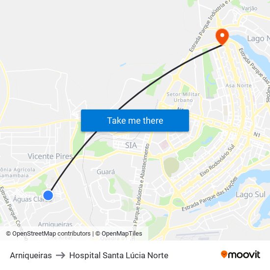 Arniqueiras to Hospital Santa Lúcia Norte map