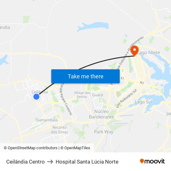 Ceilândia Centro to Hospital Santa Lúcia Norte map