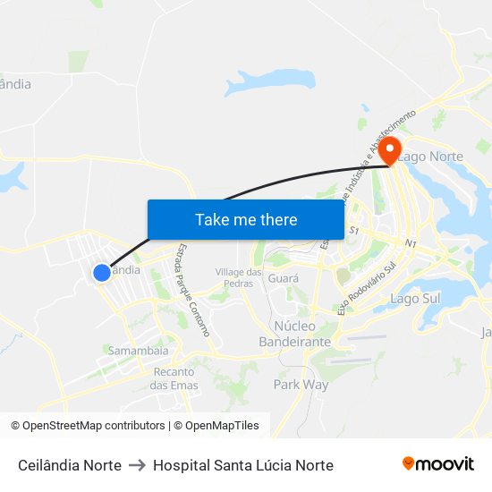 Ceilândia Norte to Hospital Santa Lúcia Norte map