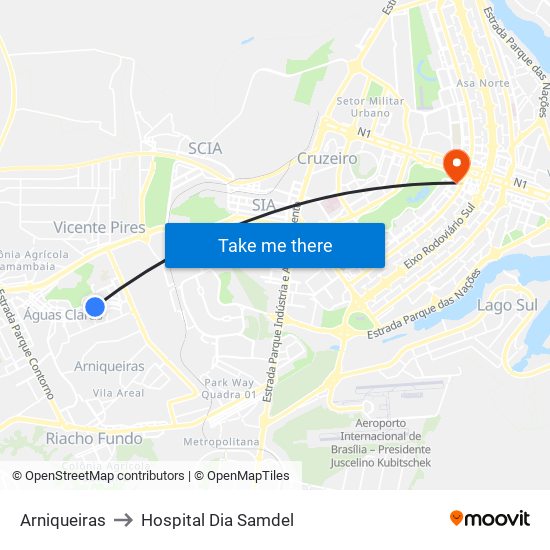 Arniqueiras to Hospital Dia Samdel map