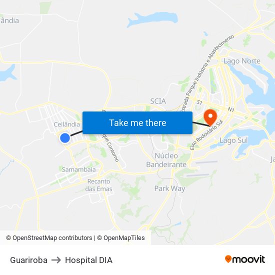 Guariroba to Hospital DIA map