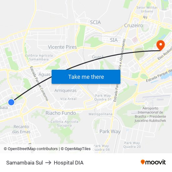 Samambaia Sul to Hospital DIA map