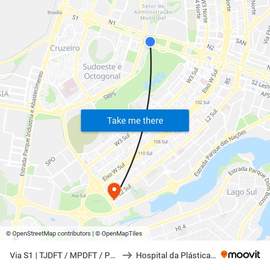 Via S1 | TJDFT / MPDFT / Palácio do Buriti to Hospital da Plástica de Brasília map