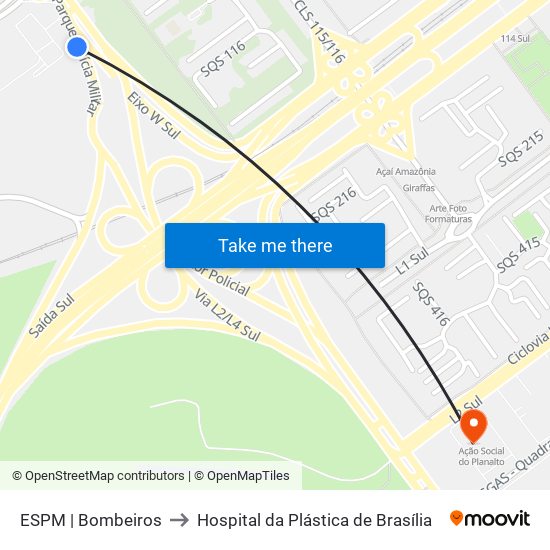 ESPM | Bombeiros to Hospital da Plástica de Brasília map