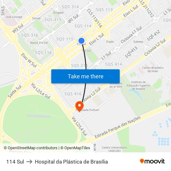 114 Sul to Hospital da Plástica de Brasília map