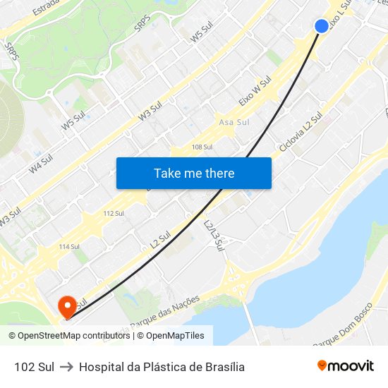 102 Sul to Hospital da Plástica de Brasília map