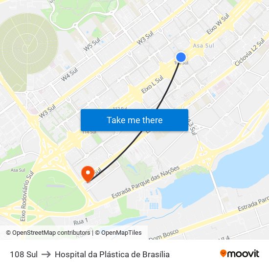 108 Sul to Hospital da Plástica de Brasília map