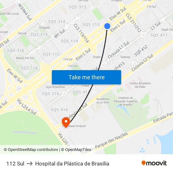 112 Sul to Hospital da Plástica de Brasília map