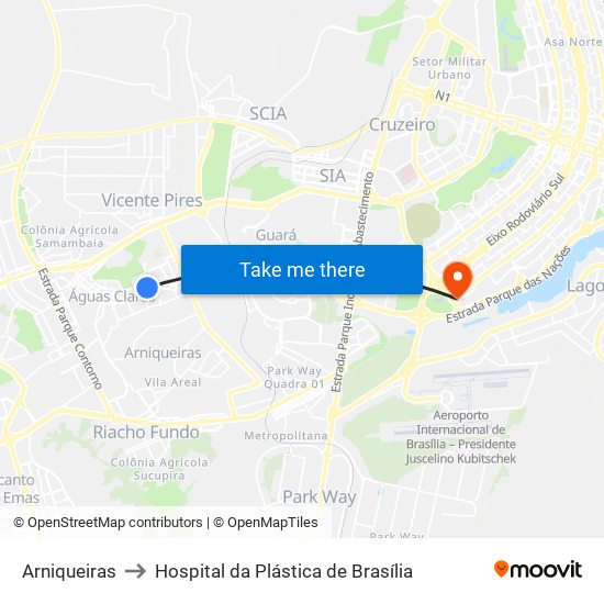 Arniqueiras to Hospital da Plástica de Brasília map