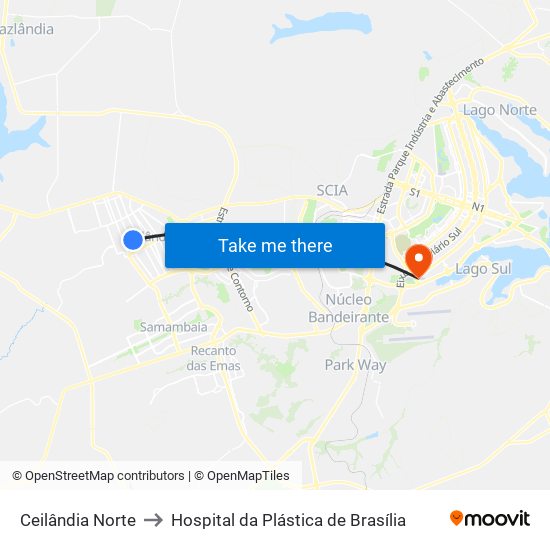 Ceilândia Norte to Hospital da Plástica de Brasília map