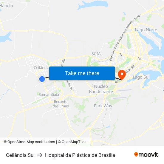 Ceilândia Sul to Hospital da Plástica de Brasília map