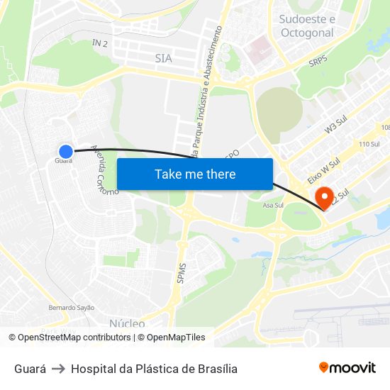 Guará to Hospital da Plástica de Brasília map