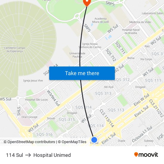 114 Sul to Hospital Unimed map