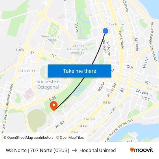 W3 Norte | 707 Norte (CEUB) to Hospital Unimed map