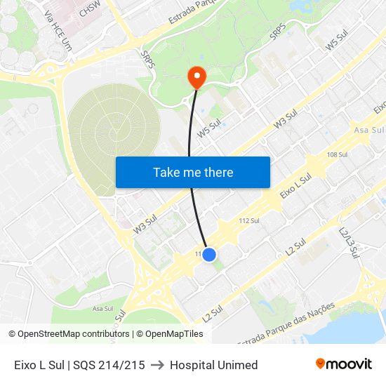 Eixo L Sul | SQS 214/215 to Hospital Unimed map