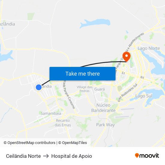 Ceilândia Norte to Hospital de Apoio map