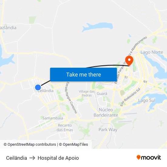 Ceilândia to Hospital de Apoio map