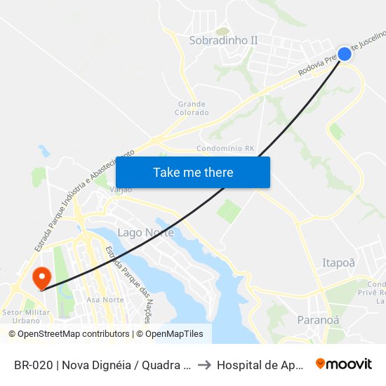 BR-020 | Nova Dignéia / Quadra 18 to Hospital de Apoio map